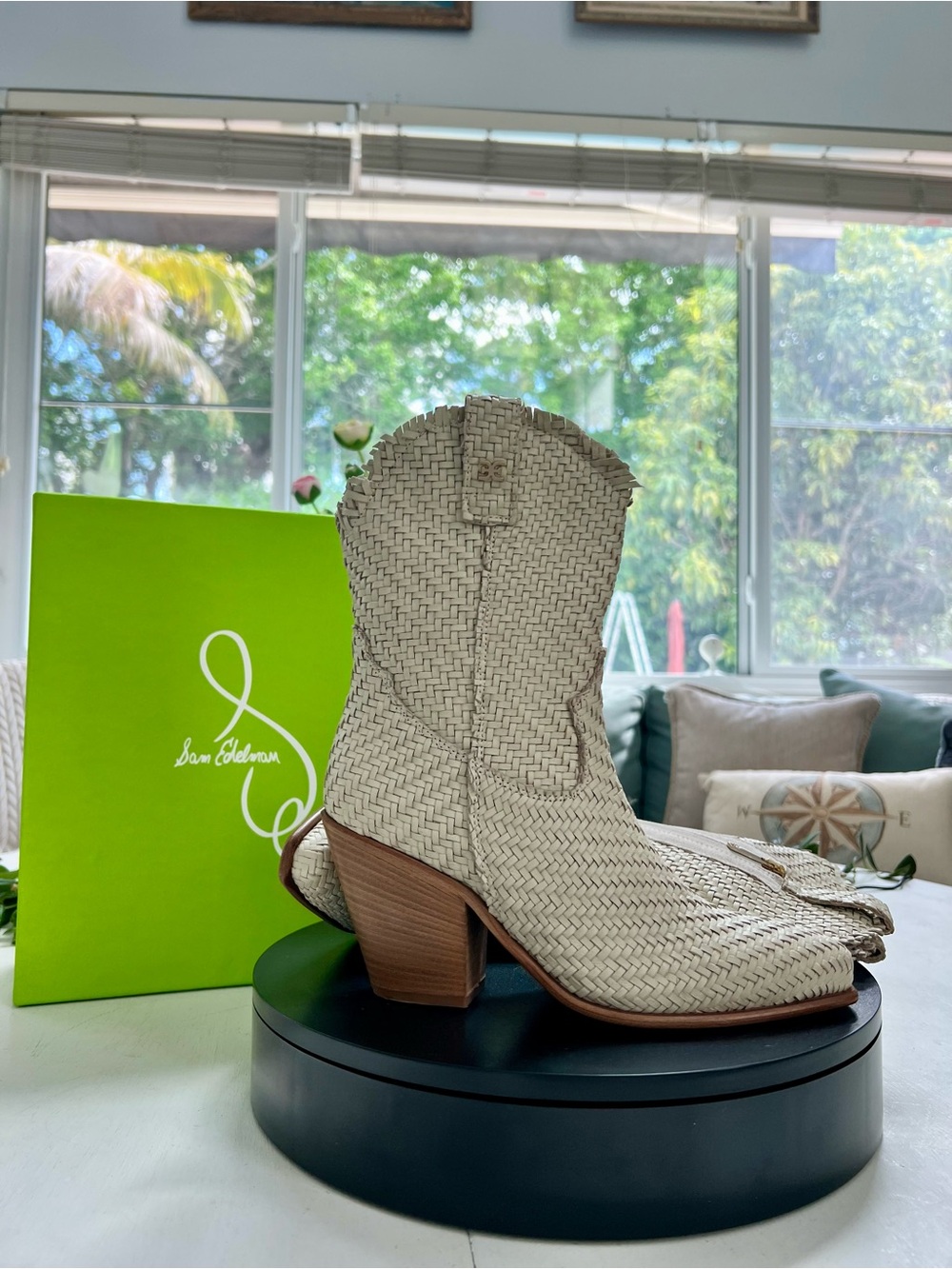 Sam Edelman Cream Woven Western Ankle Boots